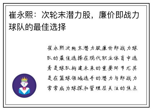 崔永熙：次轮末潜力股，廉价即战力球队的最佳选择