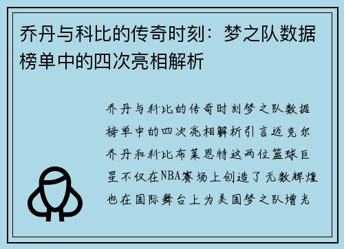 乔丹与科比的传奇时刻：梦之队数据榜单中的四次亮相解析