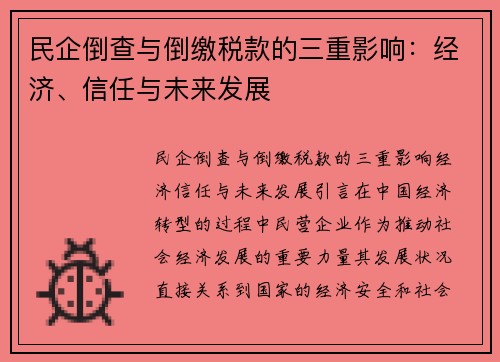 民企倒查与倒缴税款的三重影响：经济、信任与未来发展