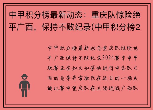 中甲积分榜最新动态：重庆队惊险绝平广西，保持不败纪录(中甲积分榜2020-2021)