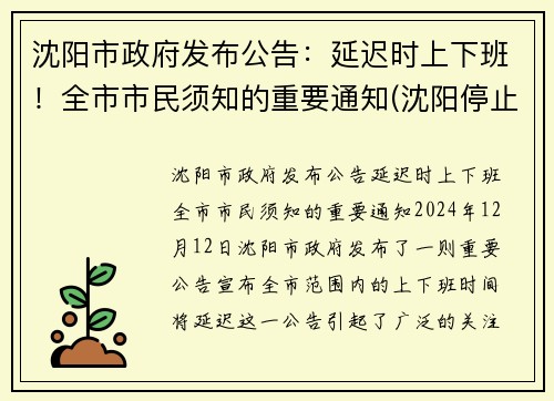 沈阳市政府发布公告：延迟时上下班！全市市民须知的重要通知(沈阳停止上班)